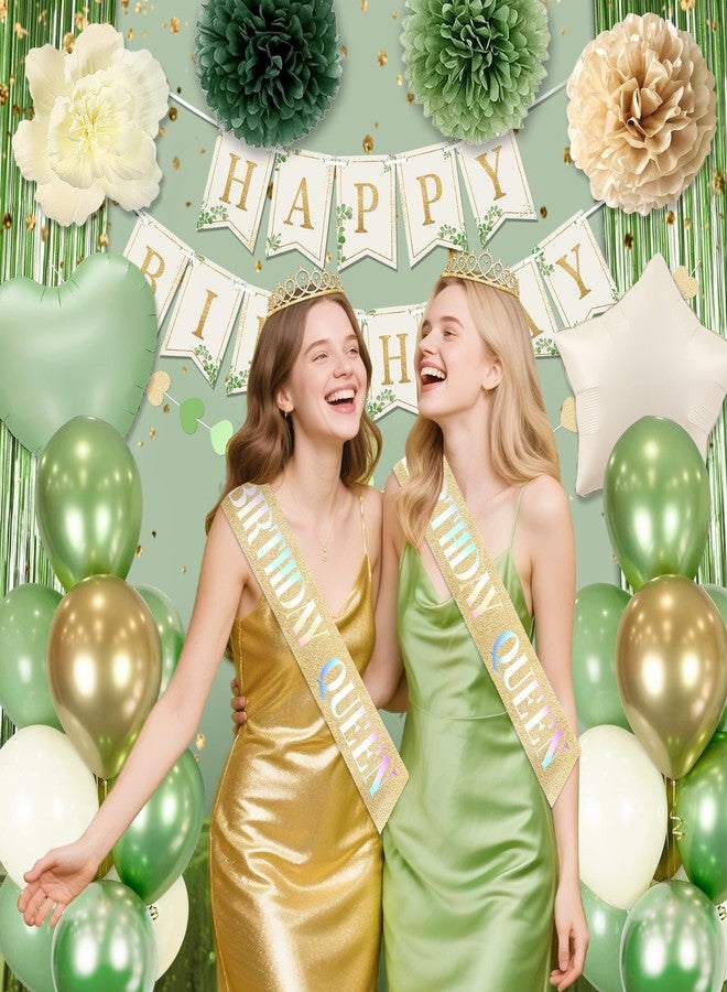 Fantspati Sage Green Birthday Decorations for Women Girls, Beige Gold Green Balloons Birthday Sash Crown Tablecloth Happy Birthday Banner Butterfly Cake Topper Olive Neutral Boho Bday Party Decorations - Image 4